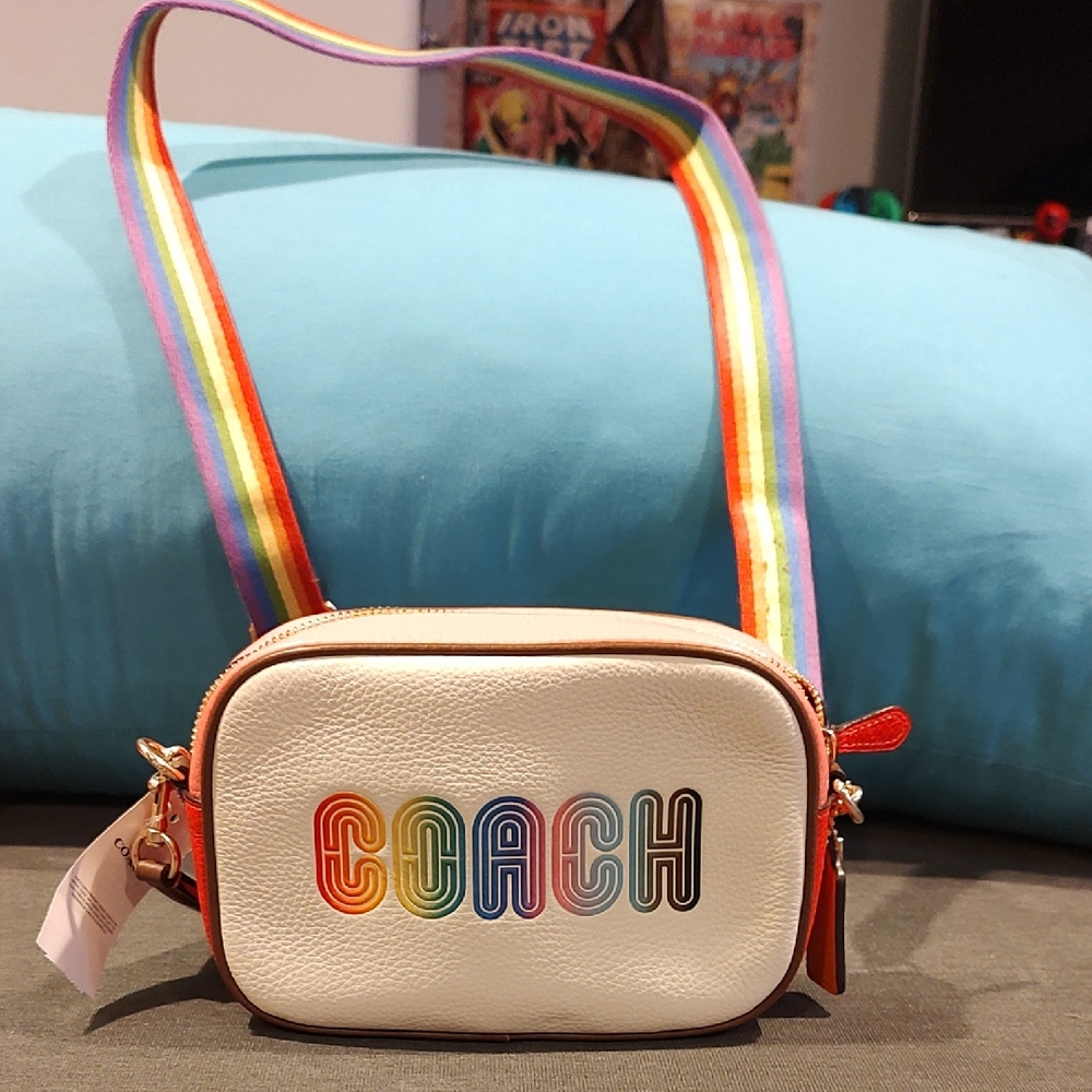 Coach White and Red Crossbody Bag with Retro Rainbow Design